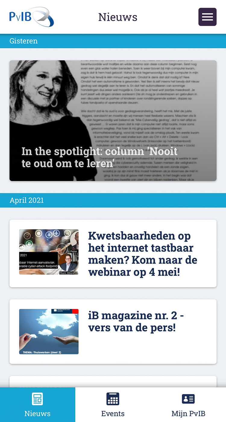 De PvIB app voor de leden - Scherm 2
